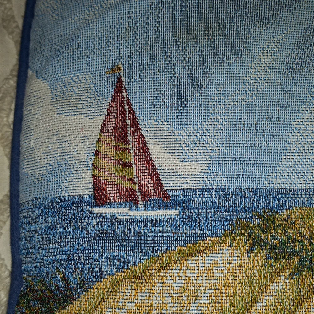 Lighthouse Boat Beach House Summer Tapestry Pillow